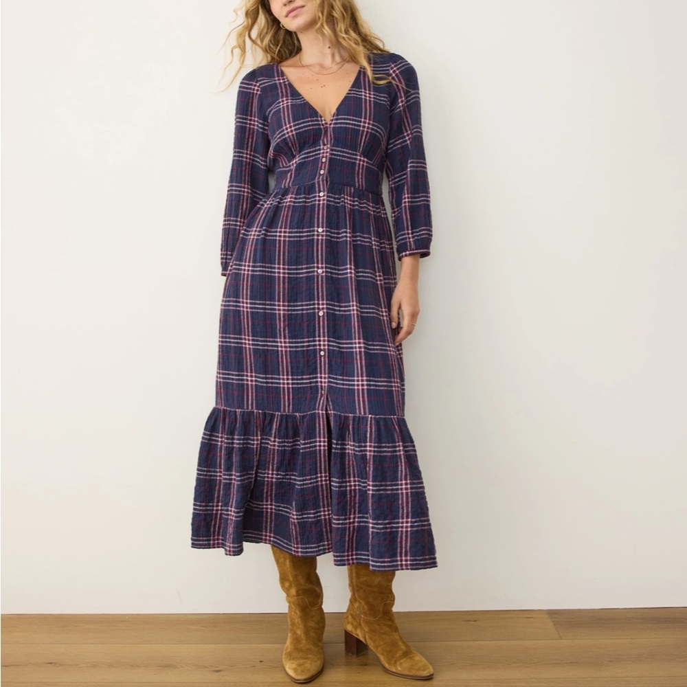 Marine Layer Navy Plaid Midi Dress